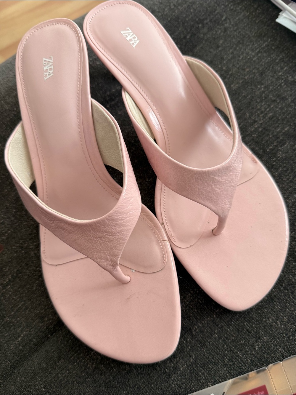 Zara Pale Pink Leather Thong Sandals - Minimalist Slip-On Thong 7.5 Mew $55 - Picture 9 of 10